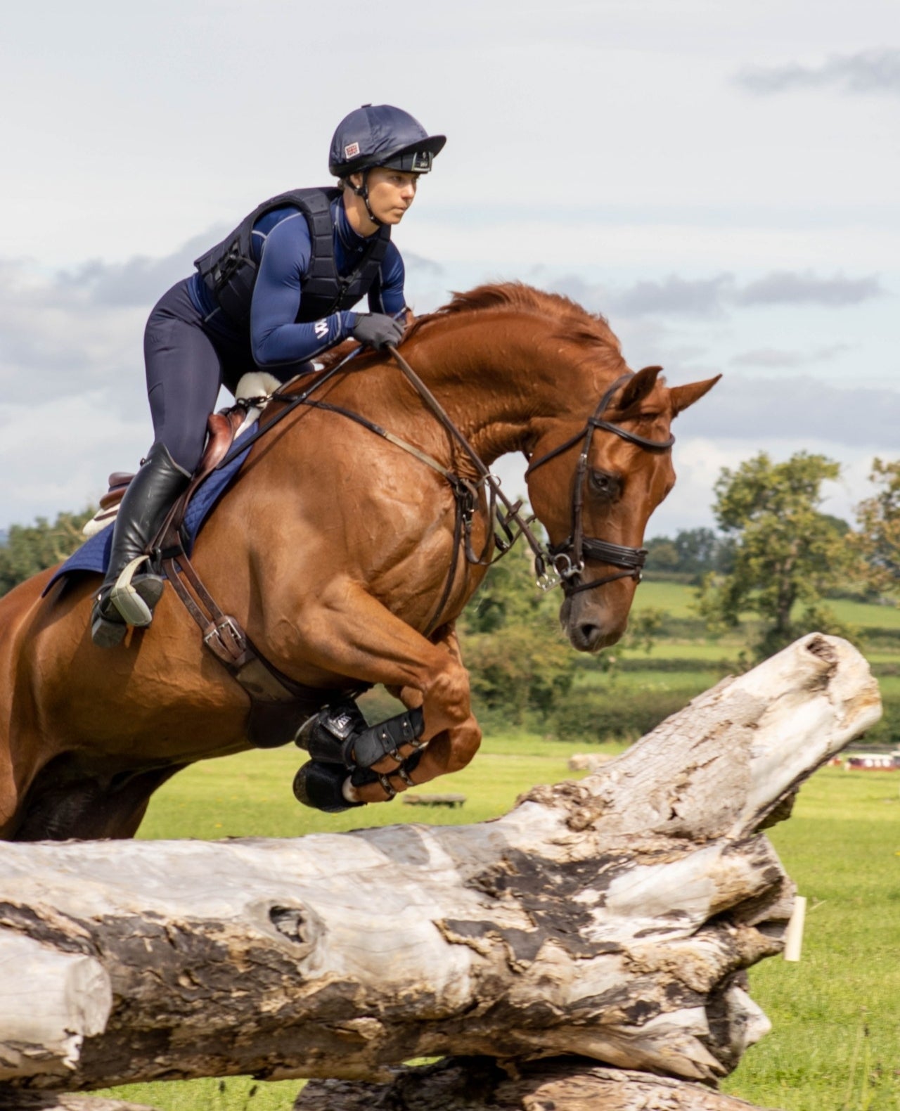 Dani Evans jumping a log on a chestnut horse